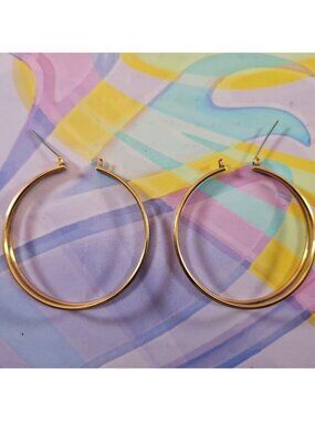 Gold Tone Large Hoop Earrings, 45mm Diameter Vintage